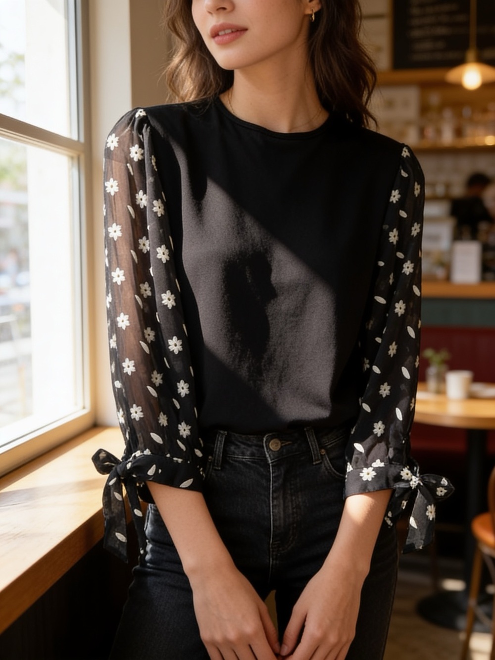 CeCe Black Blouse with White Floral Sheer Tie Sleeves